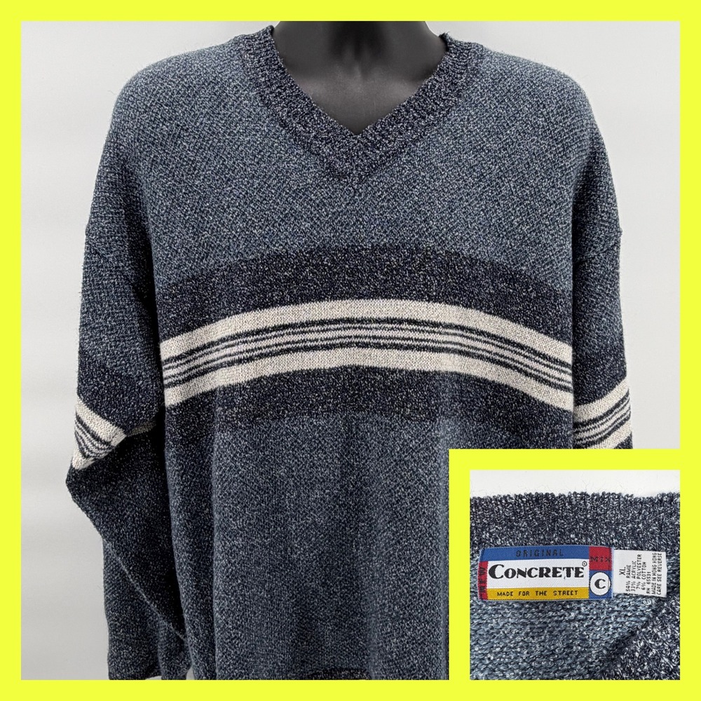 VTG 90s Concrete Mix Striped Sweater XL Blue Grey Grunge Grandpa Core‎ Style